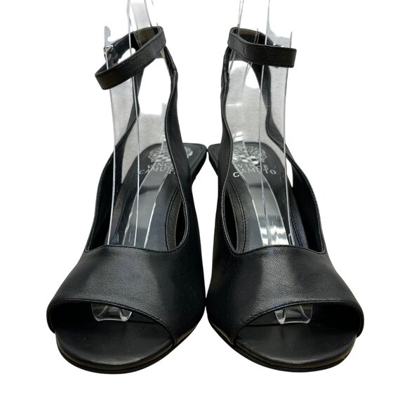 Vince Camuto Women’s Black Leather Ankle Strap Peep Toe Reteema Heels Size 8M - Picture 2 of 10